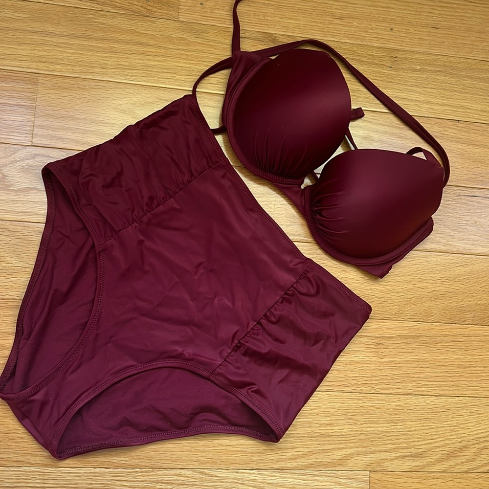 Maroon Aerie Swim Hi-Rise bottoms and matching Maroon Aerie Perkier PushUp top